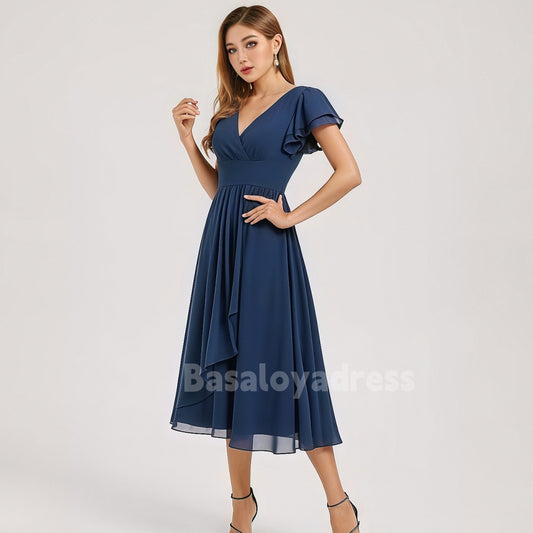 BSD00027 Women's Elegant A-line V-Neck Short Sleeve Tea-Length Chiffon Cocktail Dress With Ruffle
