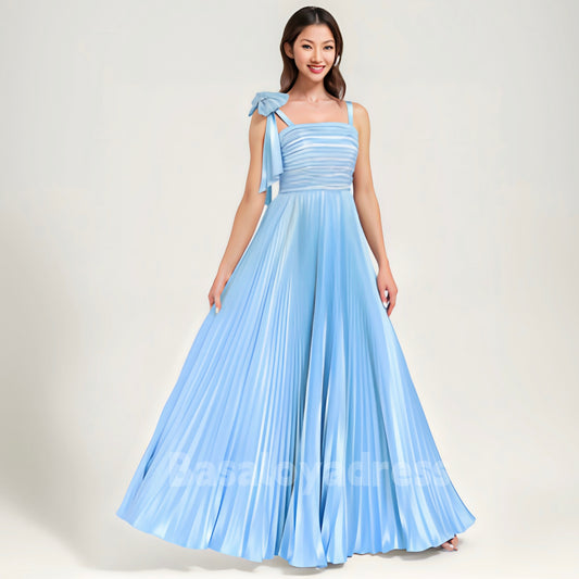 BDES00072 Chic A Line Neck Blue Long Party Dress Satin Bridesmaid Dress With Bow Pleated