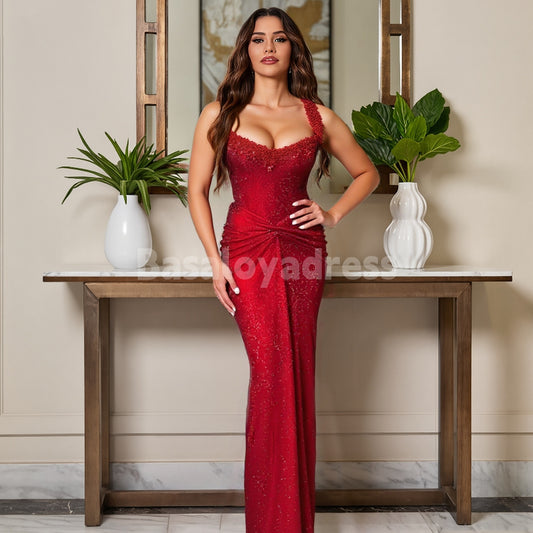 BDES00095 Women Square Neck Sleeveless Evening Dress with Pleated Formal Party Prom Cocktail Gowns for Wedding Banquet Customized
