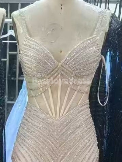 BDES00096 Sparkle Spaghetti Strap Pearls and Crystals Mesh Tulle Evening Dress For Women