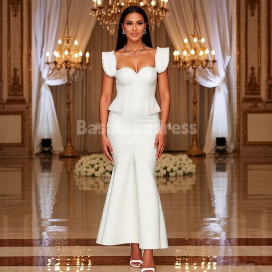 BDES00100 White Sweetheart Neck Maxi Mermaid Evening Dress Wide Straps Tassel Edge Formal Party Dress