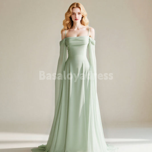 BDES00106 Mint Green Chiffon A-line Bridesmaid Dresses V-neck Spaghetti Straps Evening Gown with Detachable Cape Sleeves