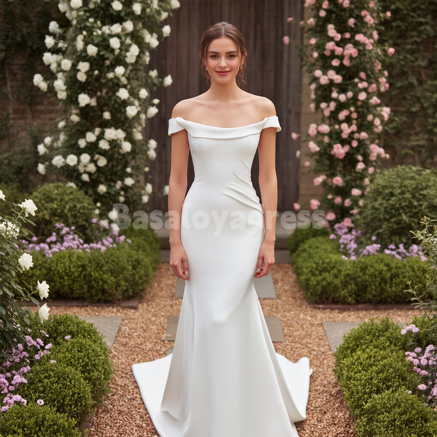 BWD00026 Satin Pleated Lapel Off Shoulder Mermaid Wedding Dress Perfect as Informal Bridal Gowns