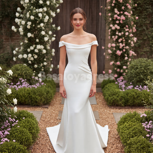 BWD00026 Satin Pleated Lapel Off Shoulder Mermaid Wedding Dress Perfect as Informal Bridal Gowns