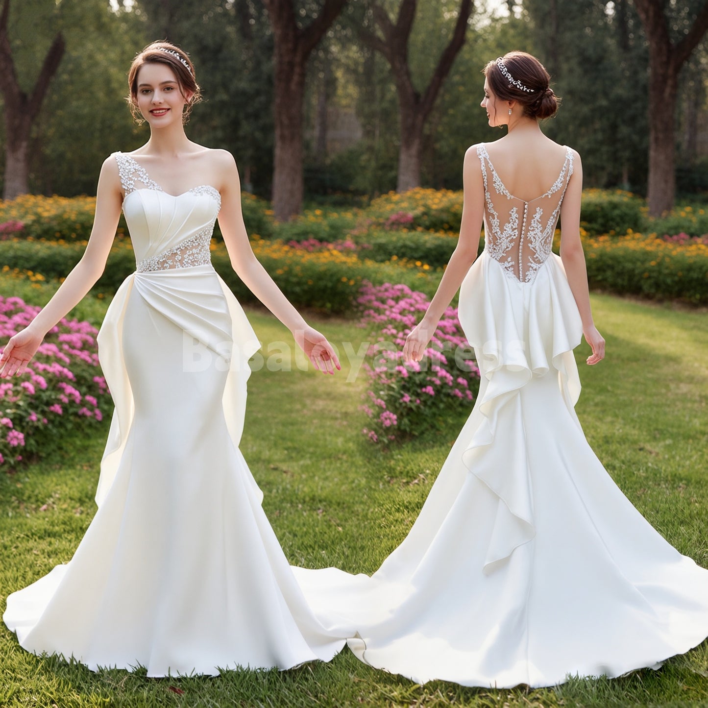 BWD00031 One Shoulder Lace Applique Illusion Tulle Satin Mermaid Wedding Dress with Ruffles
