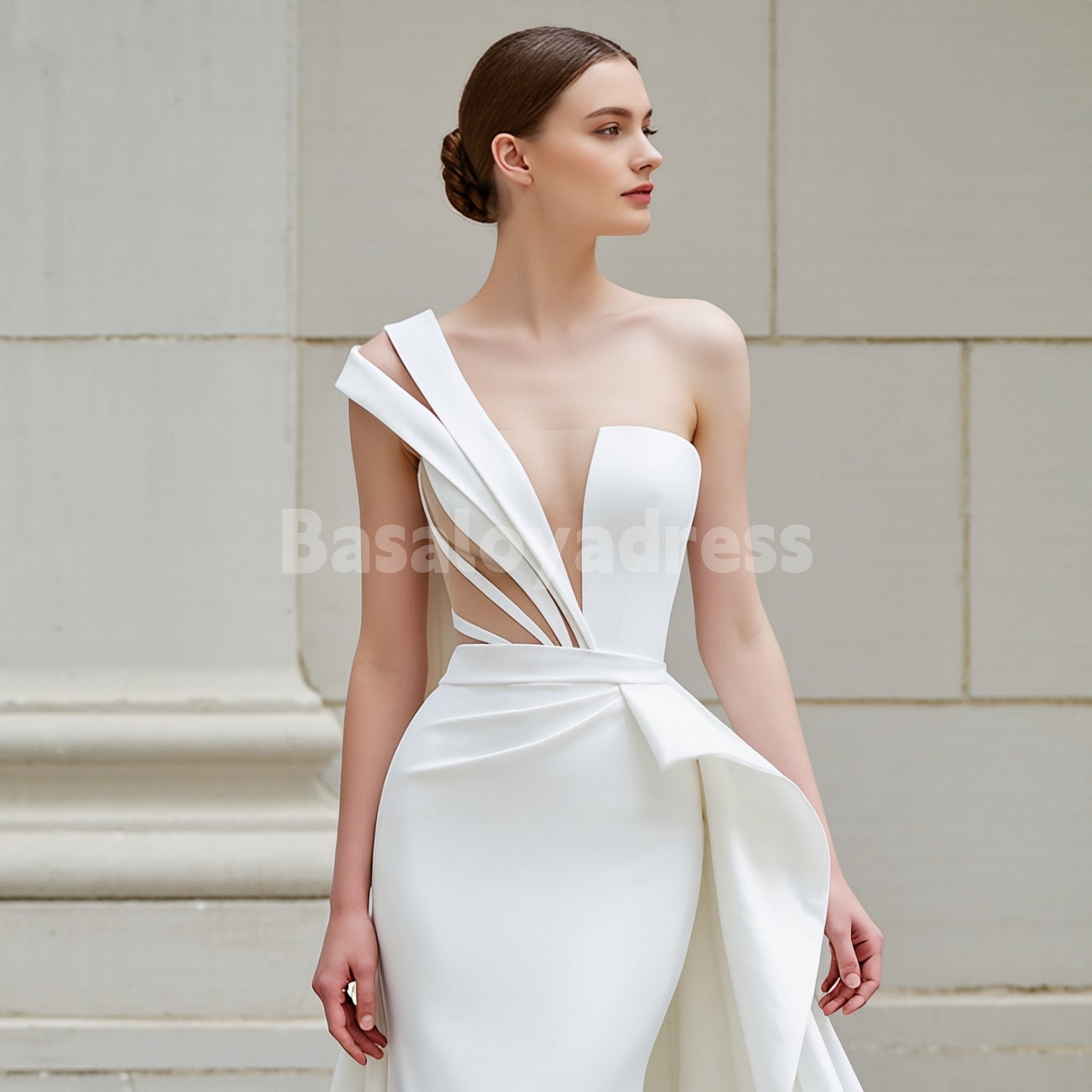 BWD00032 Elegant Modern Satin Illusion Tulle One Shoulder Wedding Gown with Pleats and Train