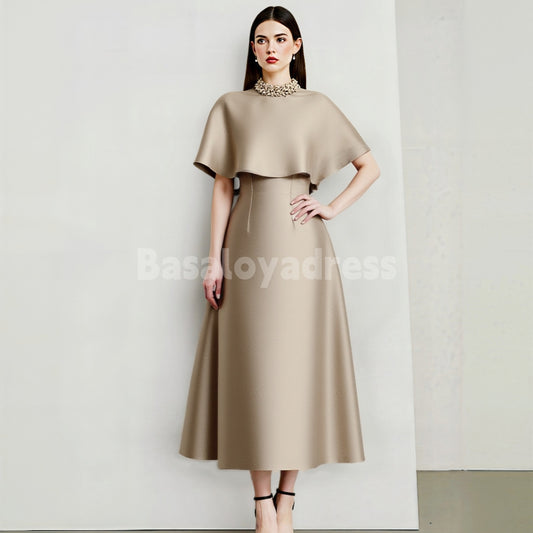 BDES00116 Round Neck Cape Sleeve 3D Flowers A-line Midi Dress