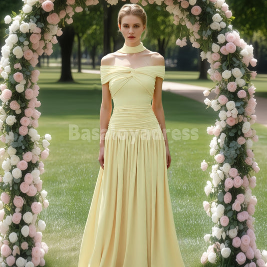 BDES00118 Lemon YellowA-line Off-Shoulder Maxi Dress Drop Waist Pleated Prom Dress