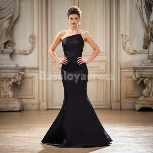 BWD00063 Pure Black/White Satin Asymmetric Fishtail Maxi Skirt Mermaid Wedding Dress
