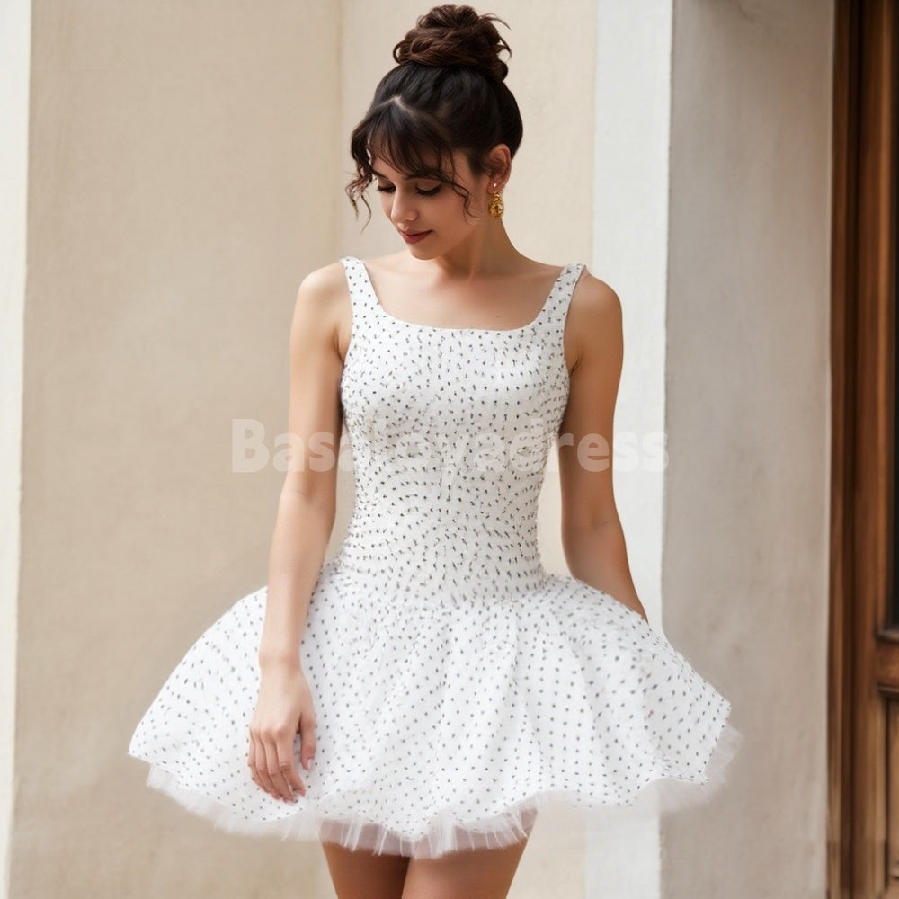 BSD00017 Cute Polka Dot Ballet Tutu with Wide Straps Sexy Polka Dot Print Cocktail Dress Casual Mini Homecoming Dress
