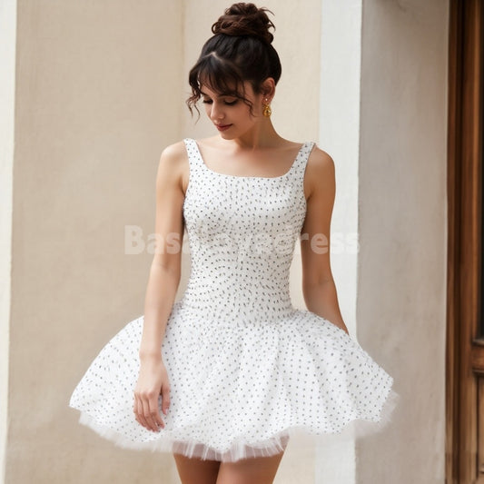 BSD00017 Cute Polka Dot Ballet Tutu with Wide Straps Sexy Polka Dot Print Cocktail Dress Casual Mini Homecoming Dress