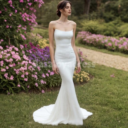 BWD00044 Mermaid Strapless Floral Jacquard Wedding Dress with Tulle and Diamond Gloves