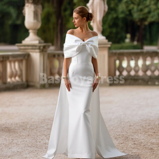 BWD00041 Light Beige Off The Shoulder Backless Simple Bow Cape Mermaid Wedding Dress