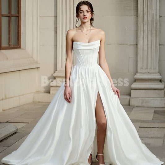 BWD00043 Strapless Satin Wedding Dress Simple Elegant Light Ivory A Line Bridal Gowns