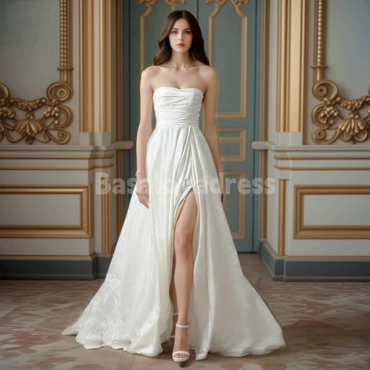 BWD00046 A-Line Strapless Floral Jacquard Pleated Floor-Length Wedding Dress with High Slit