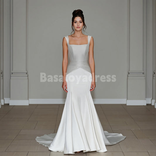 BWD00028 Silver Gray/Light Beige 2026 New Modern Wedding Dress Simple Satin Wide Straps Mermaid Dress with Train