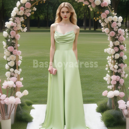 BDES00137 A Line Cowl Neck Satin Long Prom Dress with Pleats and Sequins