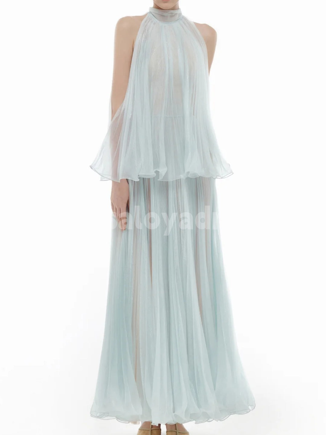 BDES00111 Elegant Tulle Maxi Dress High Neck Sleeveless Formal Party Dress A line Long Tiered Evening Dress  Customized