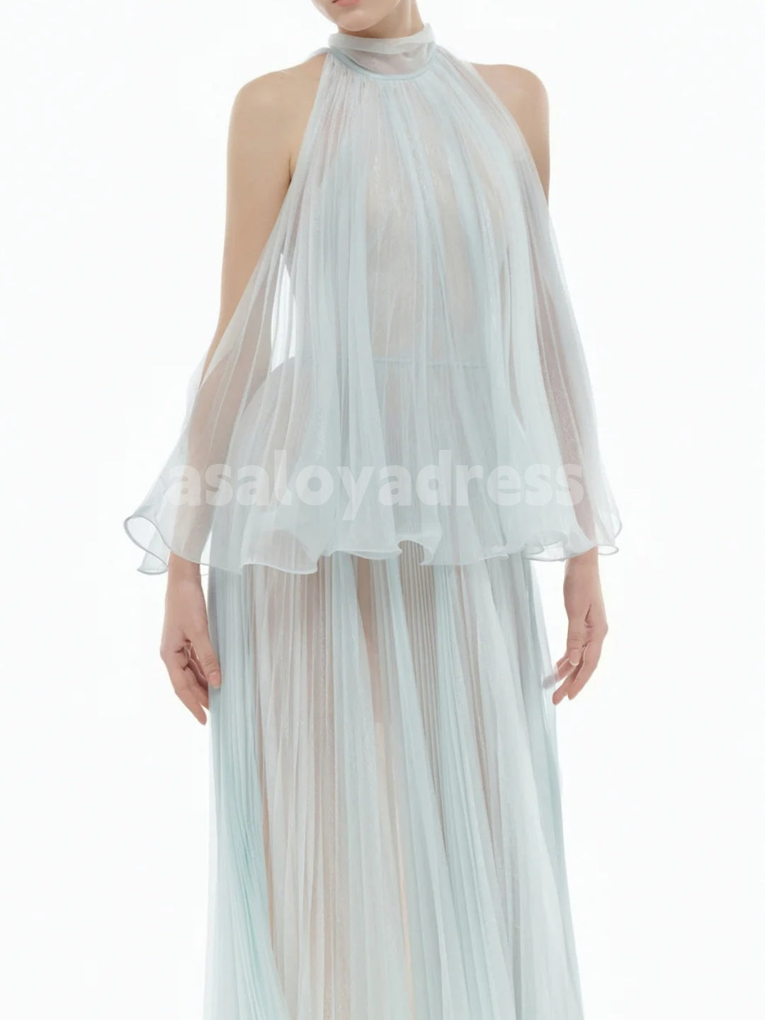 BDES00111 Elegant Tulle Maxi Dress High Neck Sleeveless Formal Party Dress A line Long Tiered Evening Dress  Customized