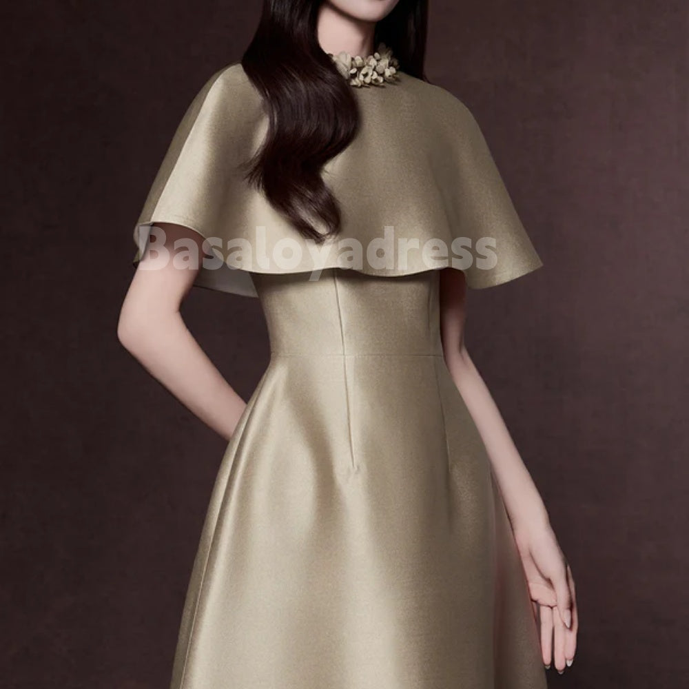 BDES00116 Round Neck Cape Sleeve 3D Flowers A-line Midi Dress