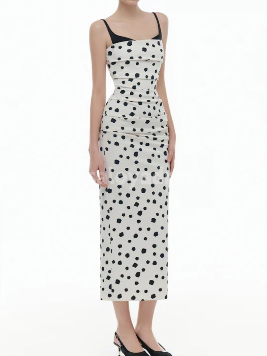 BDES00110 Black Spaghetti Strap Irregular Polka Dot Print Ruched Bodycon Draped Midi Dress