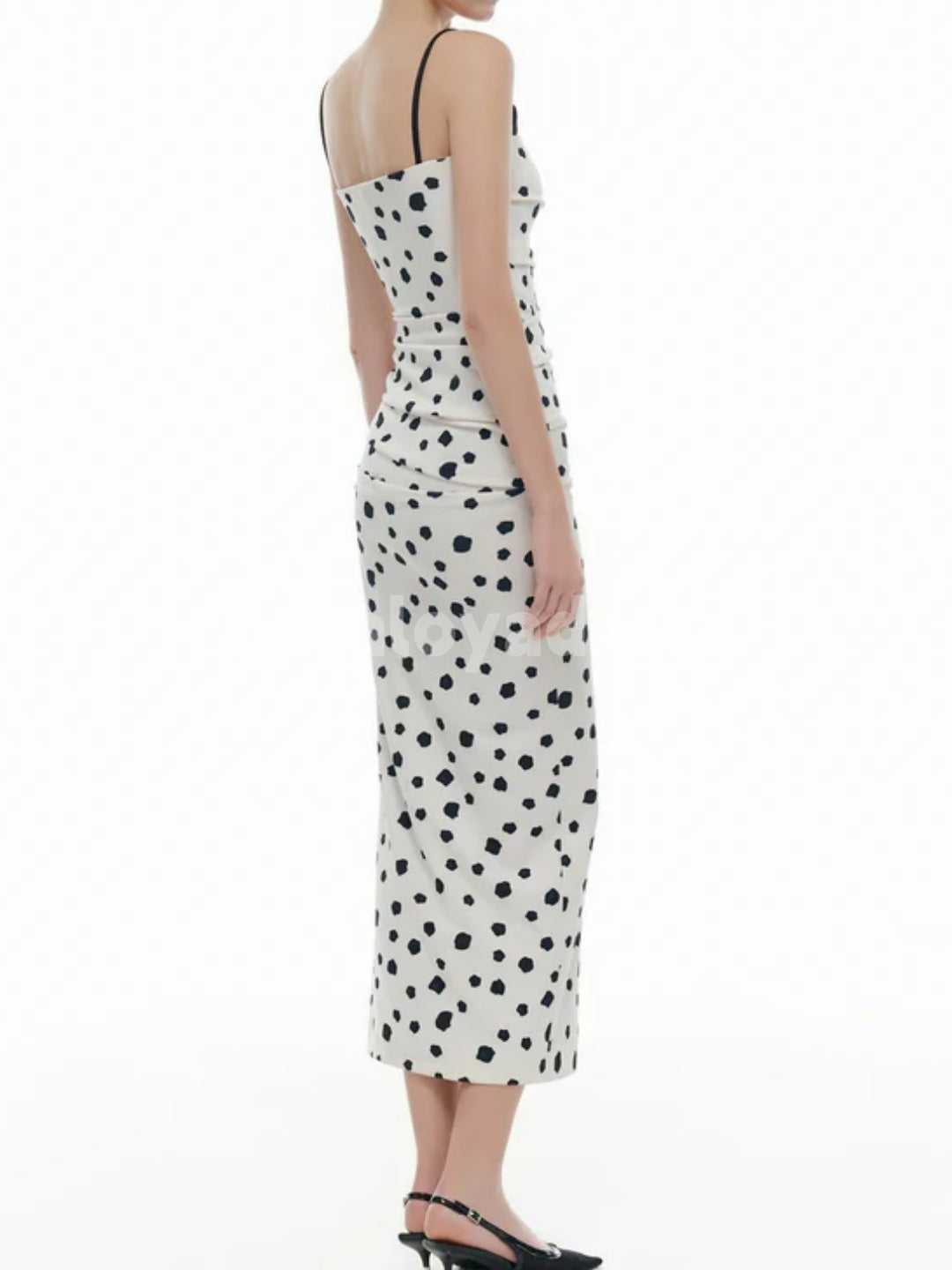 BDES00110 Black Spaghetti Strap Irregular Polka Dot Print Ruched Bodycon Draped Midi Dress