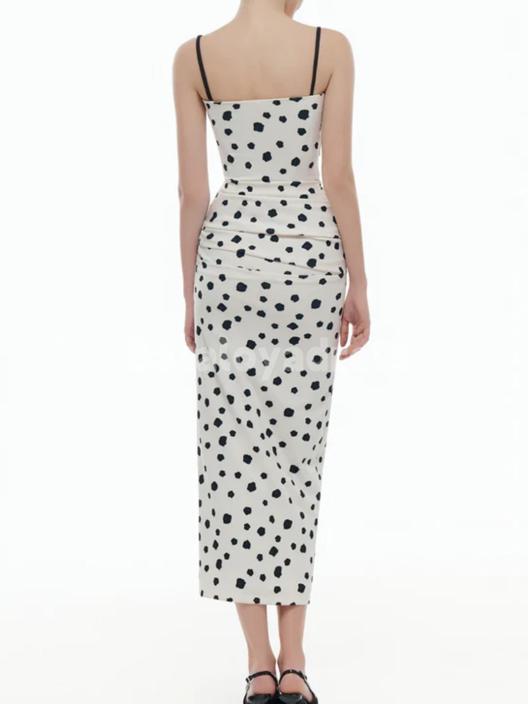 BDES00110 Black Spaghetti Strap Irregular Polka Dot Print Ruched Bodycon Draped Midi Dress