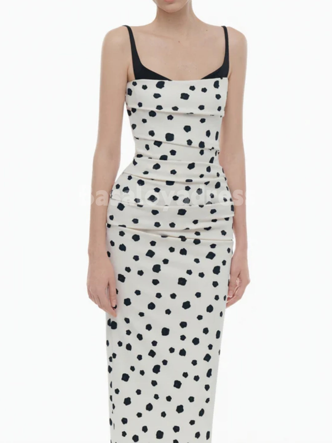 BDES00110 Black Spaghetti Strap Irregular Polka Dot Print Ruched Bodycon Draped Midi Dress