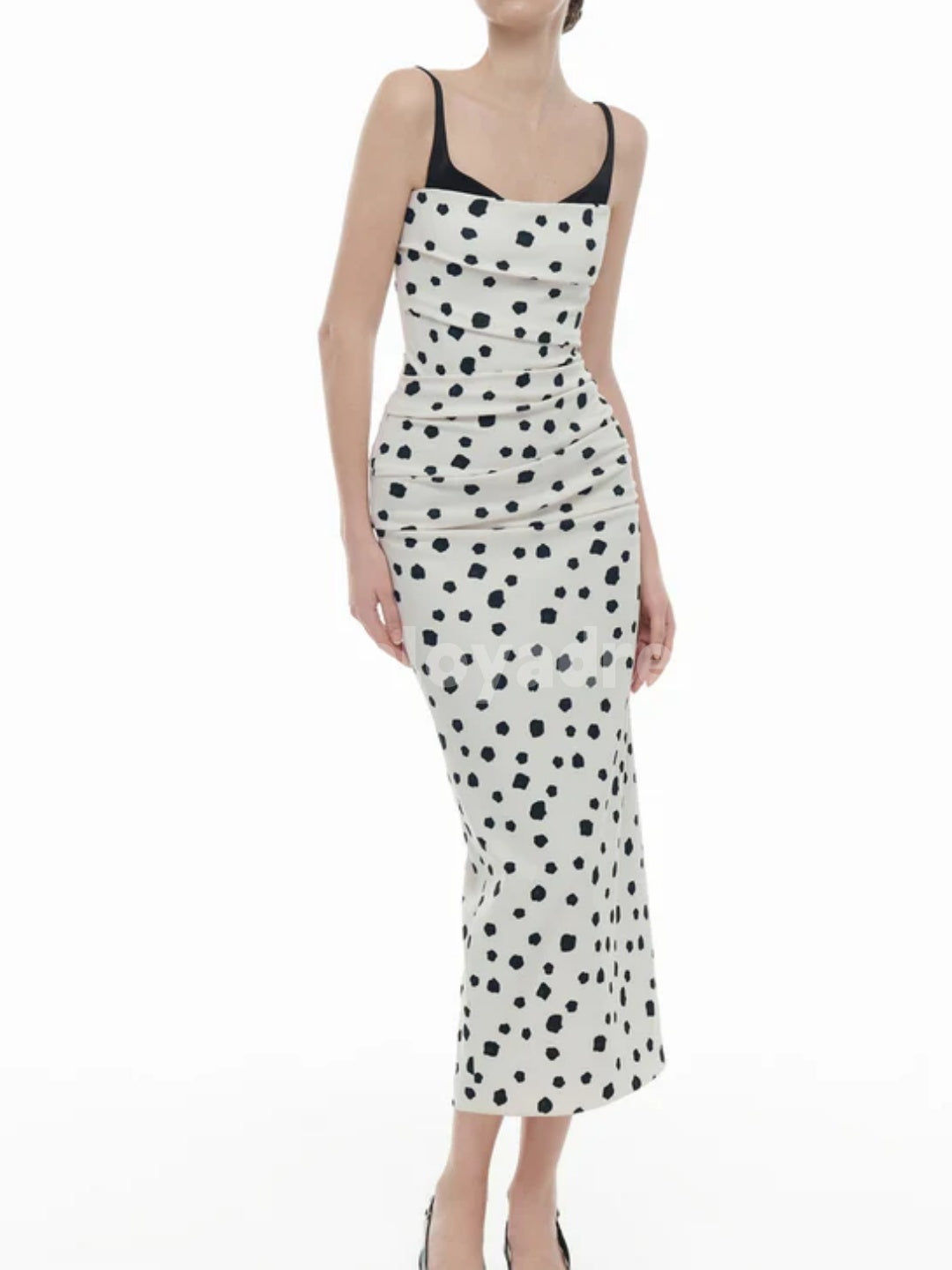 BDES00110 Black Spaghetti Strap Irregular Polka Dot Print Ruched Bodycon Draped Midi Dress