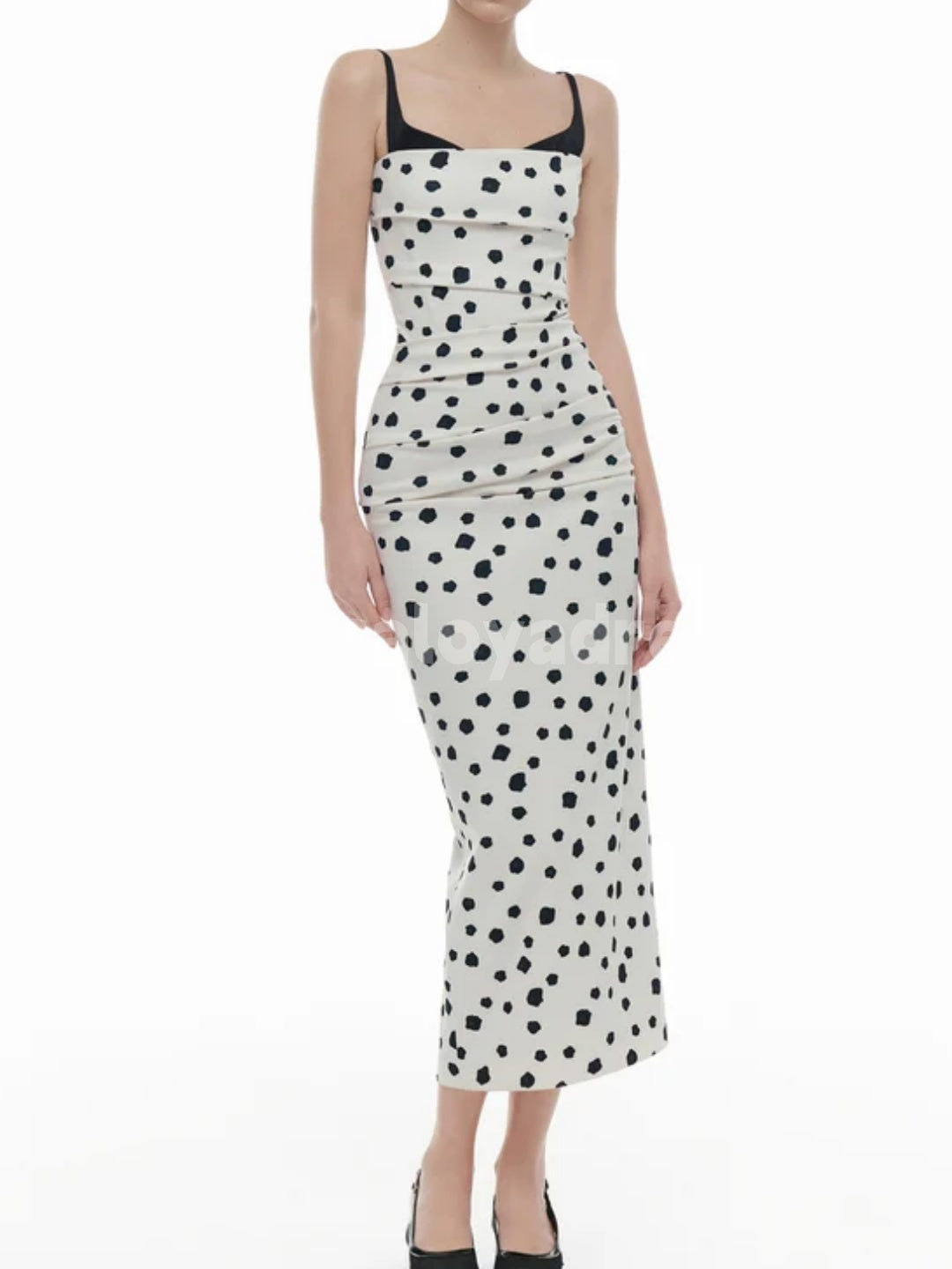 BDES00110 Black Spaghetti Strap Irregular Polka Dot Print Ruched Bodycon Draped Midi Dress