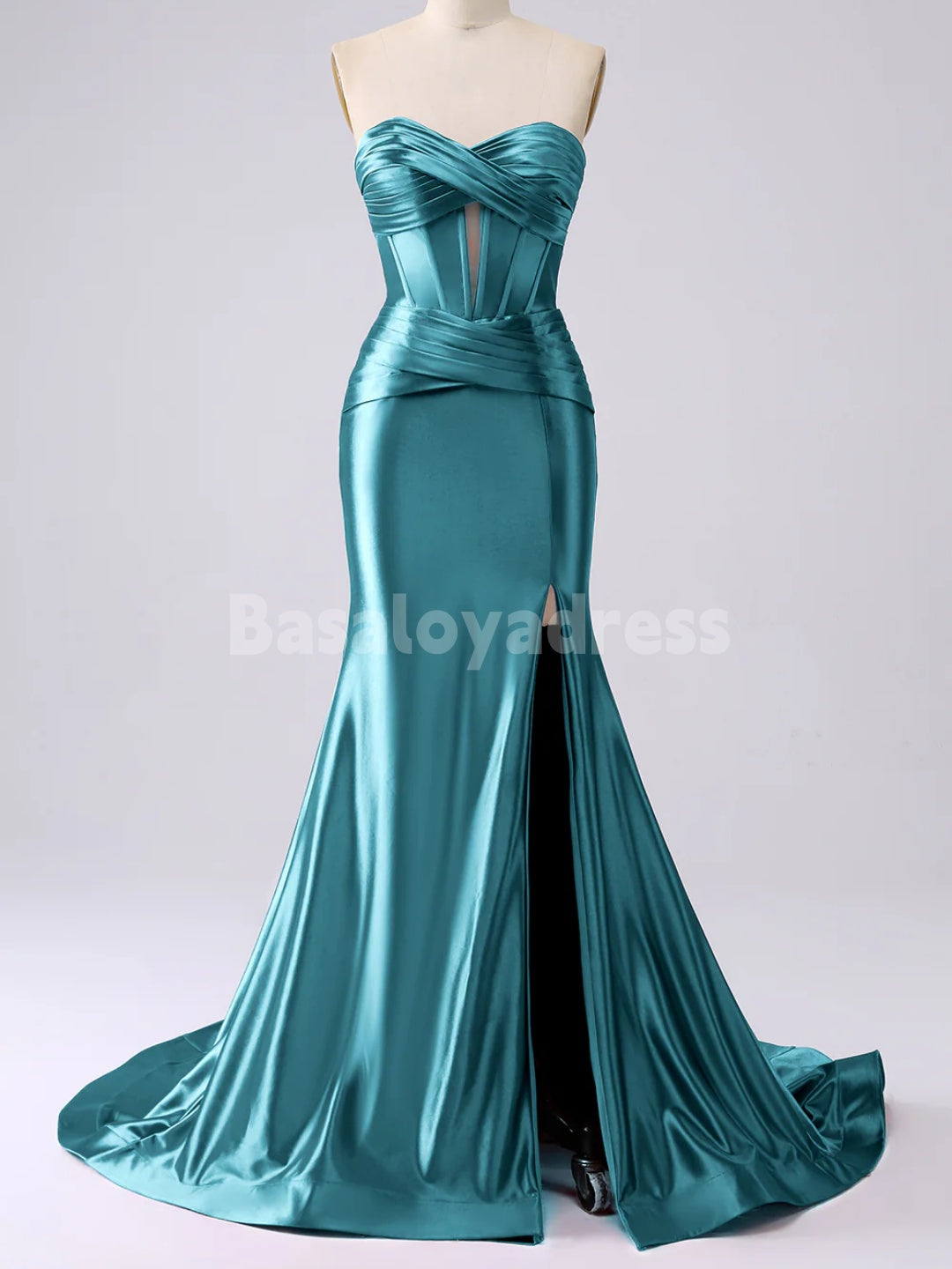 BDES00136 Strapless Cut Out Long Prom Dress Ruched Satin Formal Evening Gown with Slit