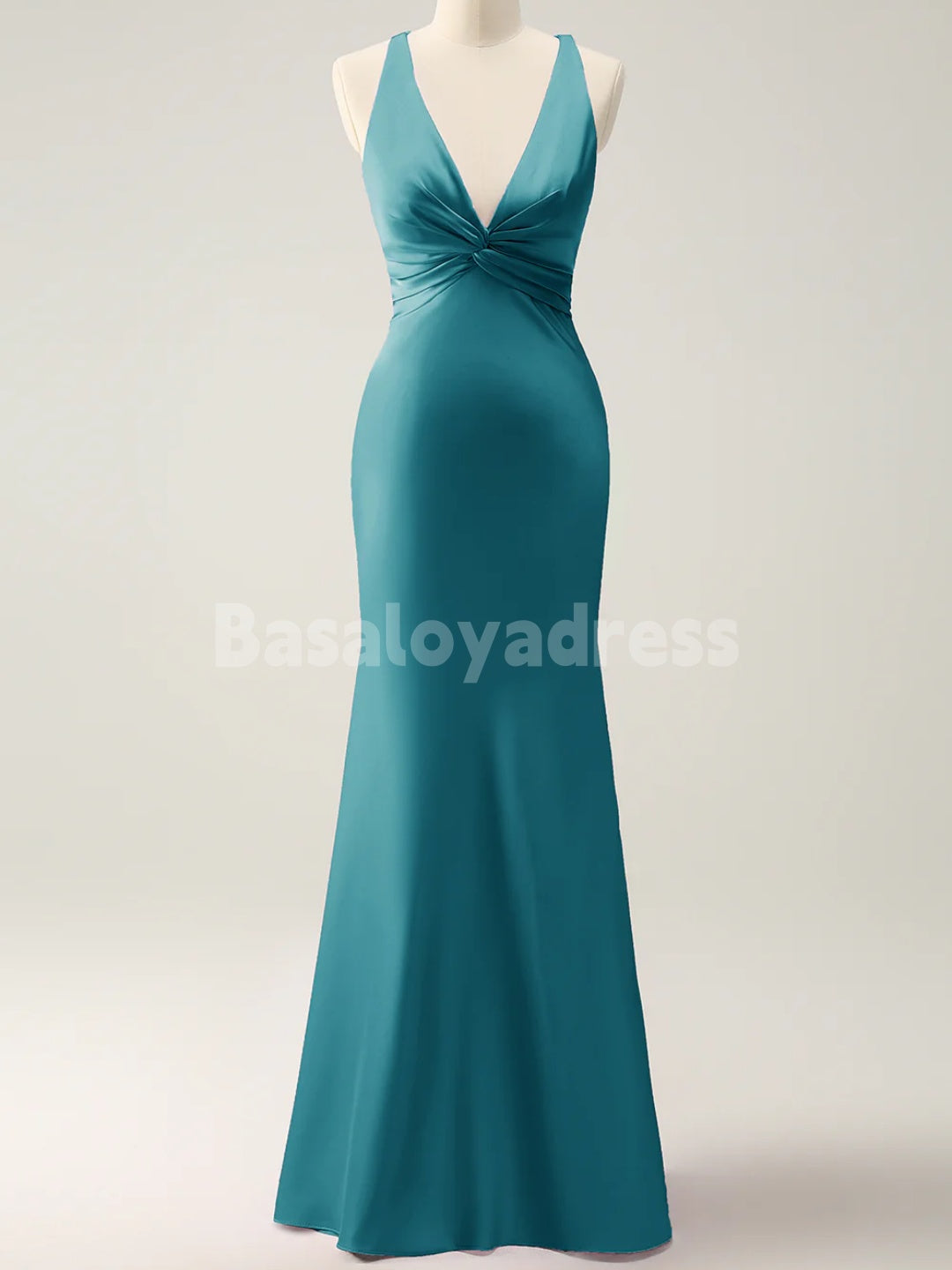 BDES00103 Pink Mermaid Deep V Neck Satin Ruched Long Bridesmaid Dress with Lace Up Back