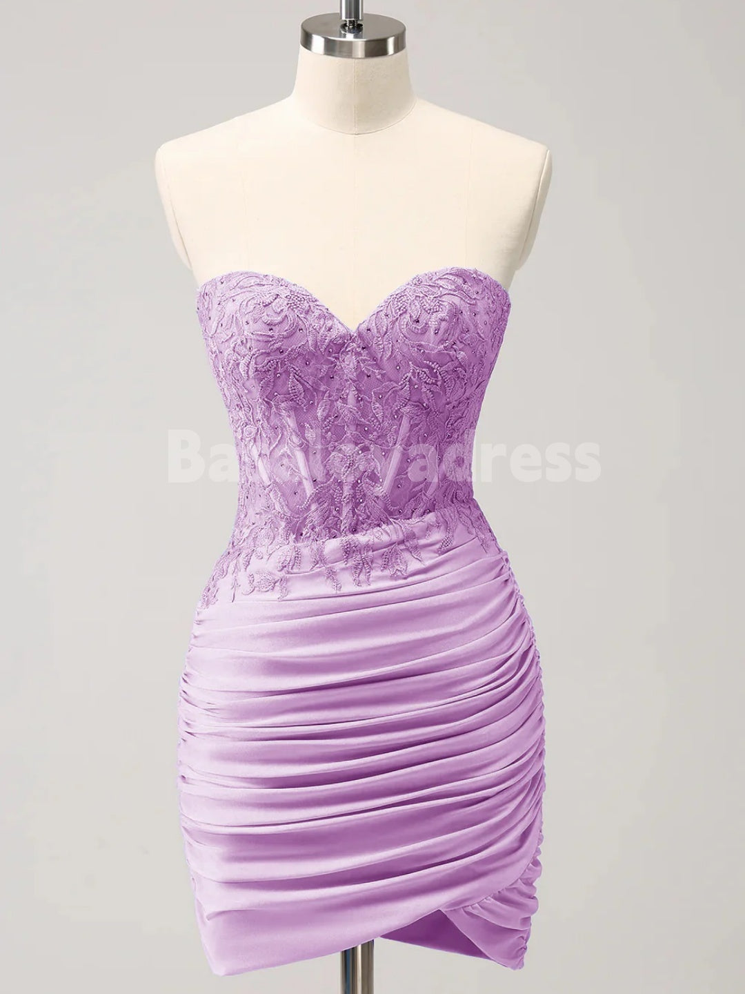 BSD00057 Glitter Lilac Tight Sweetheart Strapless Corset Pleated Tight Short Homecoming Dress with Lace Appliques and Beading