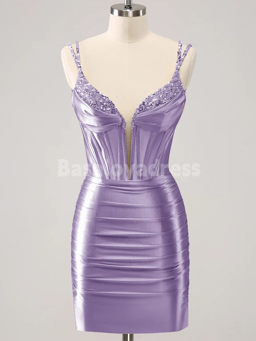 BSD00055 Golden Deep V-Neck Corset Bodycon Mini Dress with Spaghetti Straps with Sequins