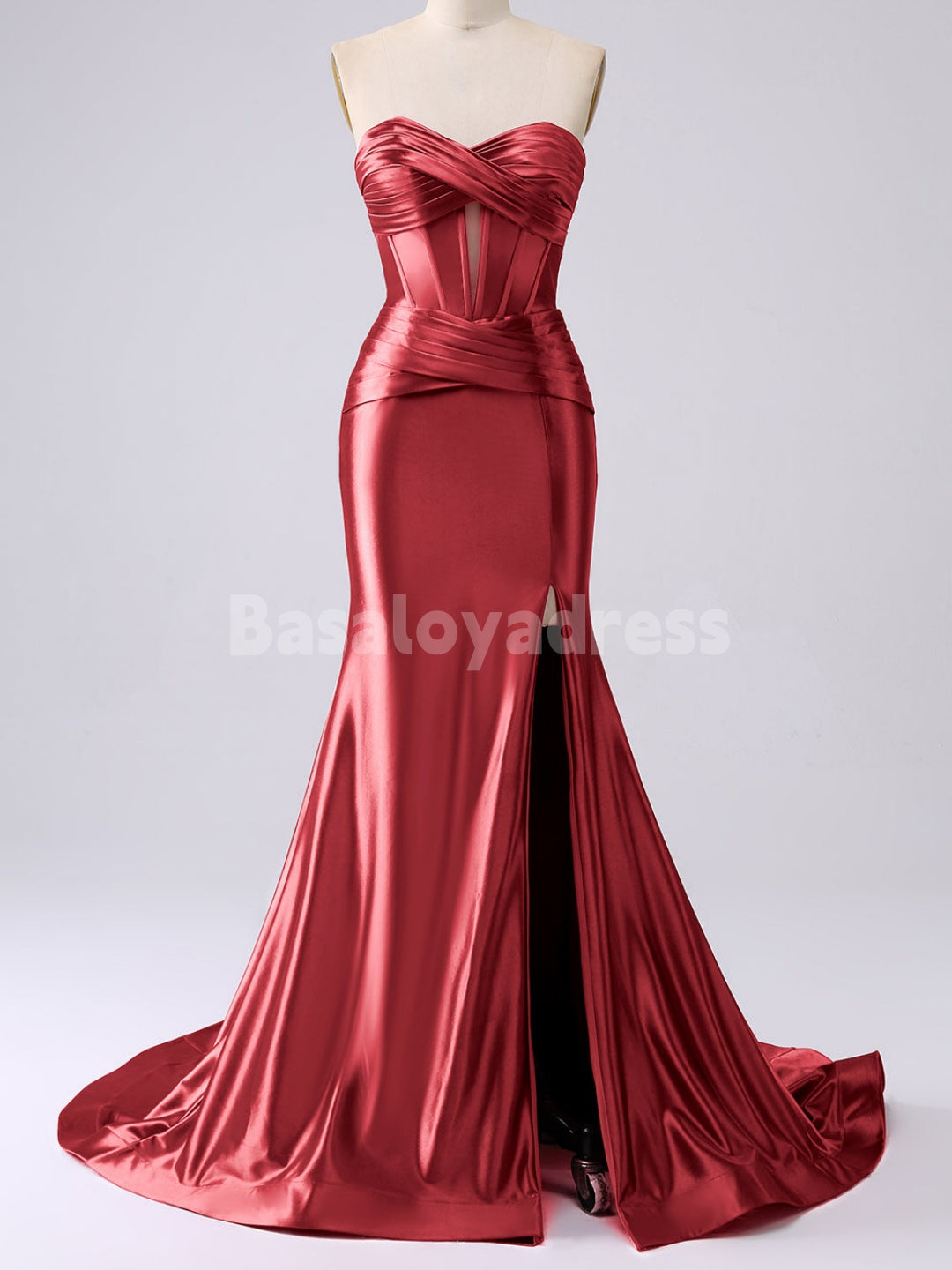 BDES00136 Strapless Cut Out Long Prom Dress Ruched Satin Formal Evening Gown with Slit