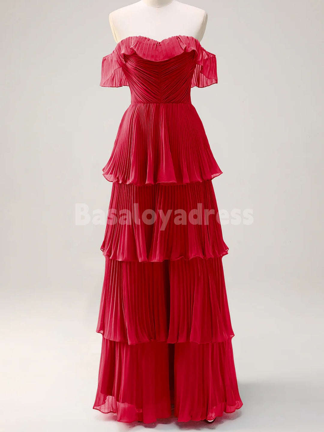 BDES00135 A Line Off the Shoulder Tiered Maxi Prom Dress Pleated Bridesmaid Dress