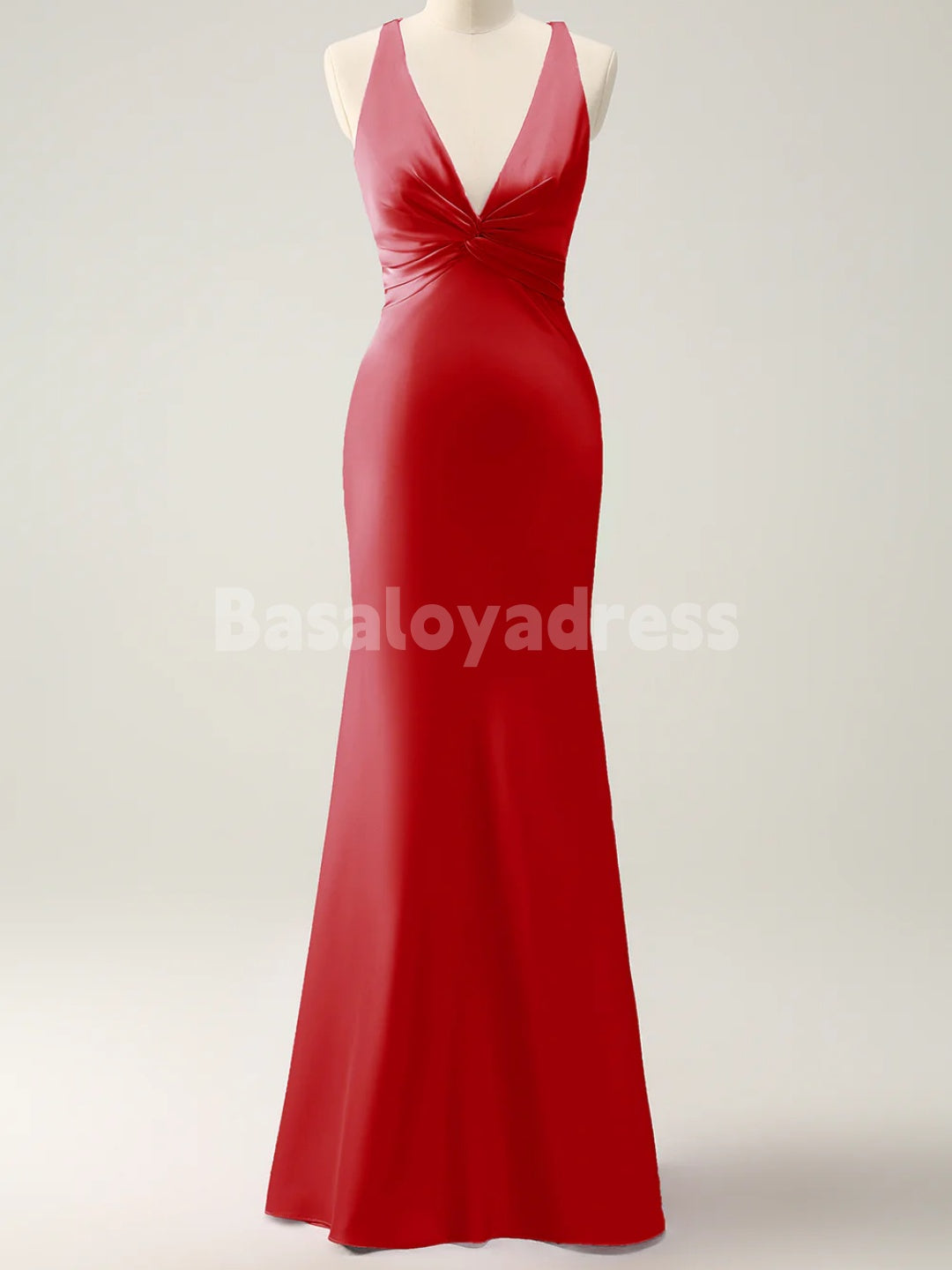 BDES00103 Pink Mermaid Deep V Neck Satin Ruched Long Bridesmaid Dress with Lace Up Back