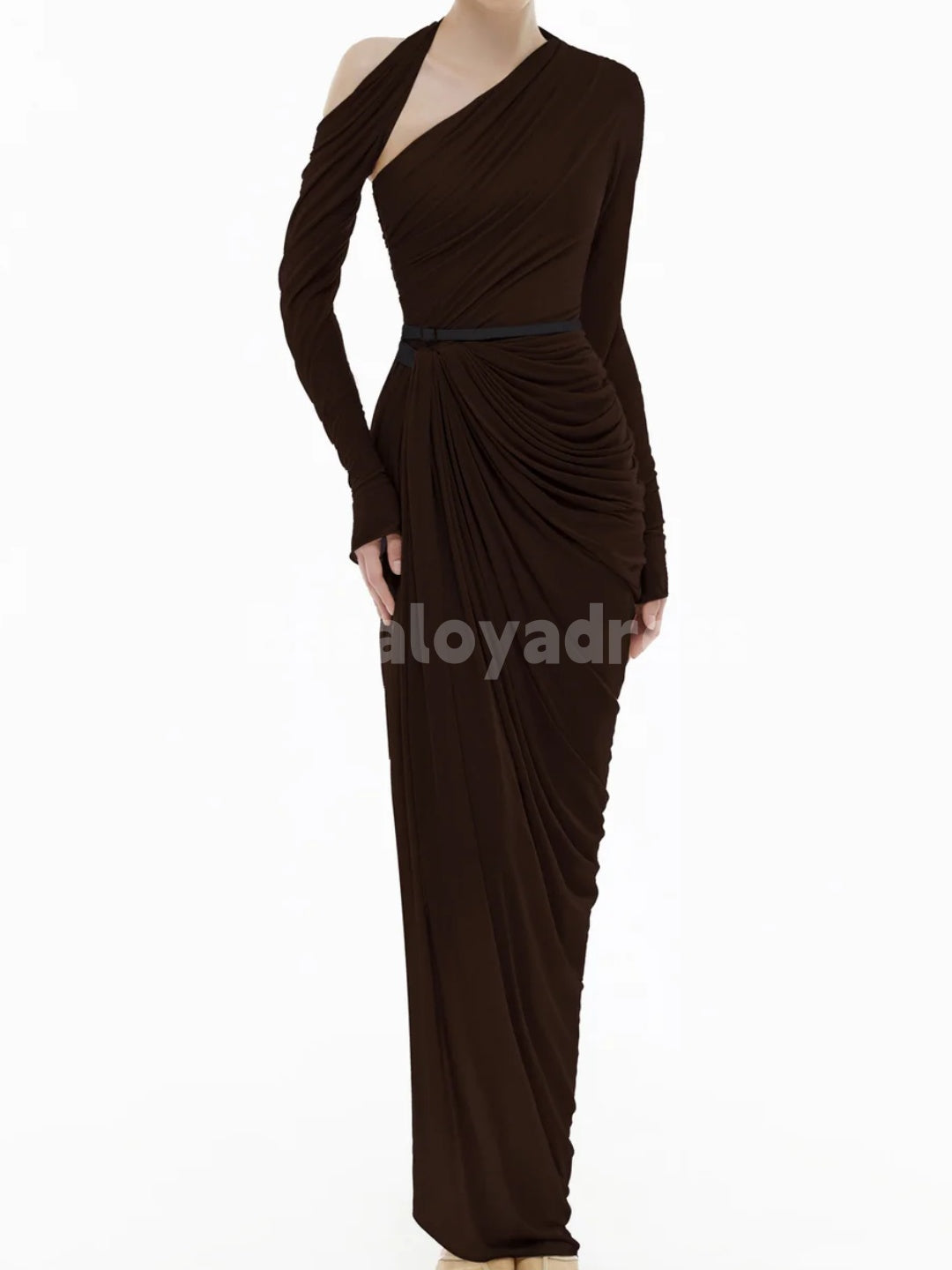 BDES00112 Ginger Asymmetric Neck Long Sleeves Ruched Draped Maxi Dress with Belt