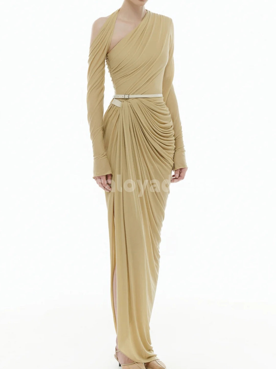 BDES00112 Ginger Asymmetric Neck Long Sleeves Ruched Draped Maxi Dress with Belt