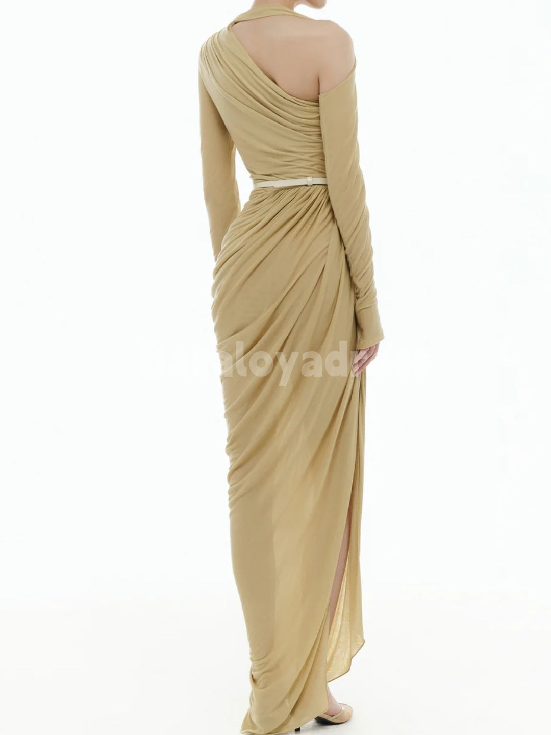 BDES00112 Ginger Asymmetric Neck Long Sleeves Ruched Draped Maxi Dress with Belt