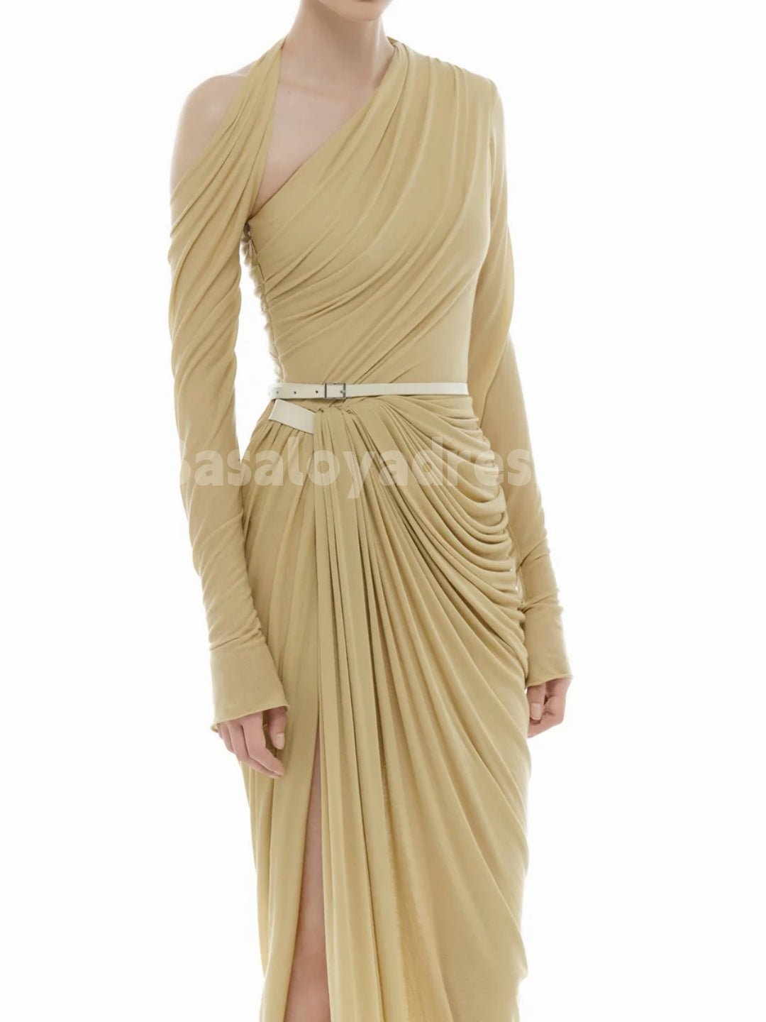 BDES00112 Ginger Asymmetric Neck Long Sleeves Ruched Draped Maxi Dress with Belt