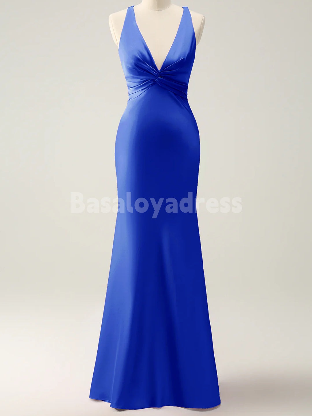 BDES00103 Pink Mermaid Deep V Neck Satin Ruched Long Bridesmaid Dress with Lace Up Back