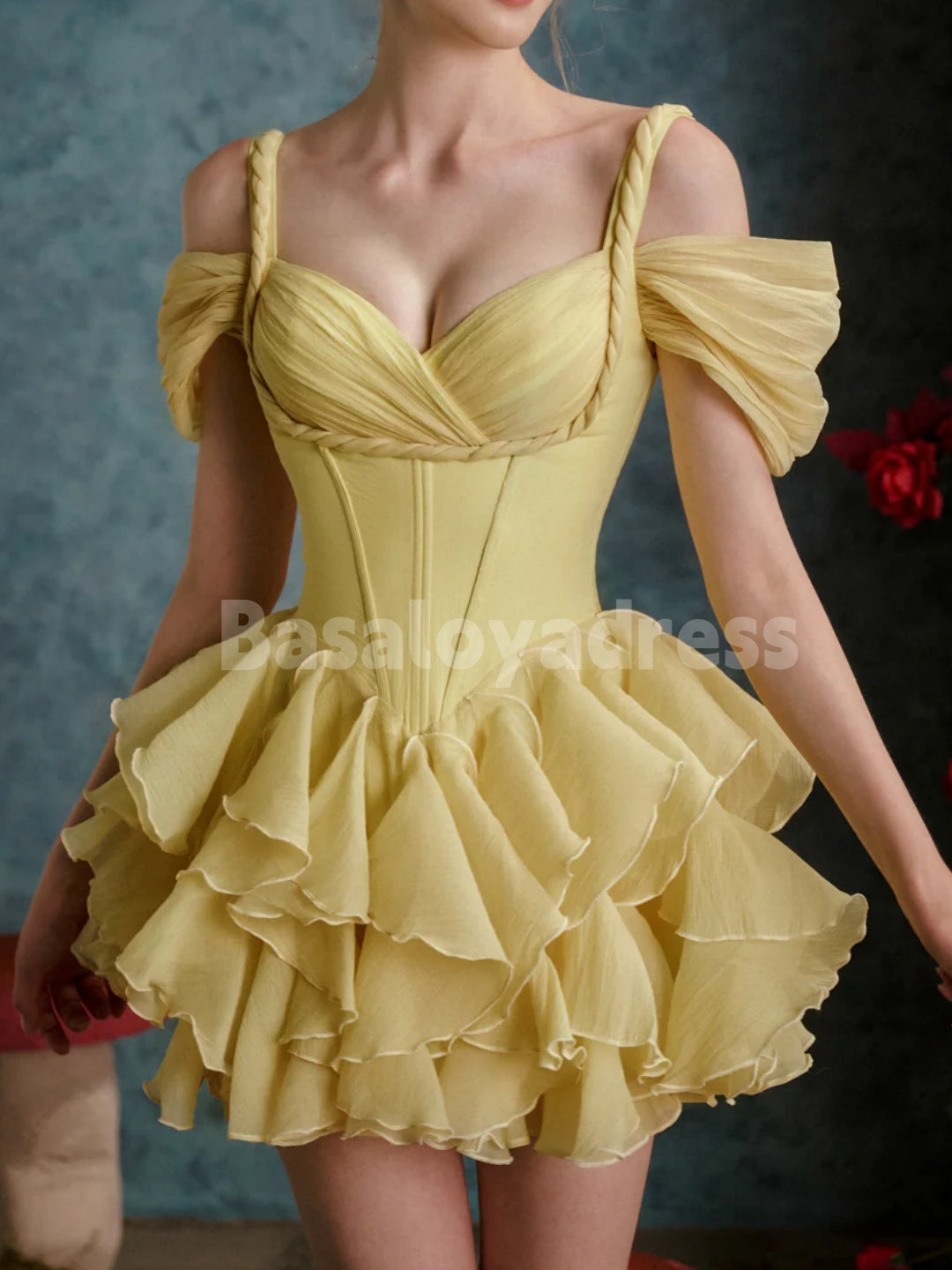 BSD00066 Elegant Yellow A-Line Wedding Party Dress Sweetheart Short Sleeves Organza Mini Dress Special Occasion Birthday Dresses Custom
