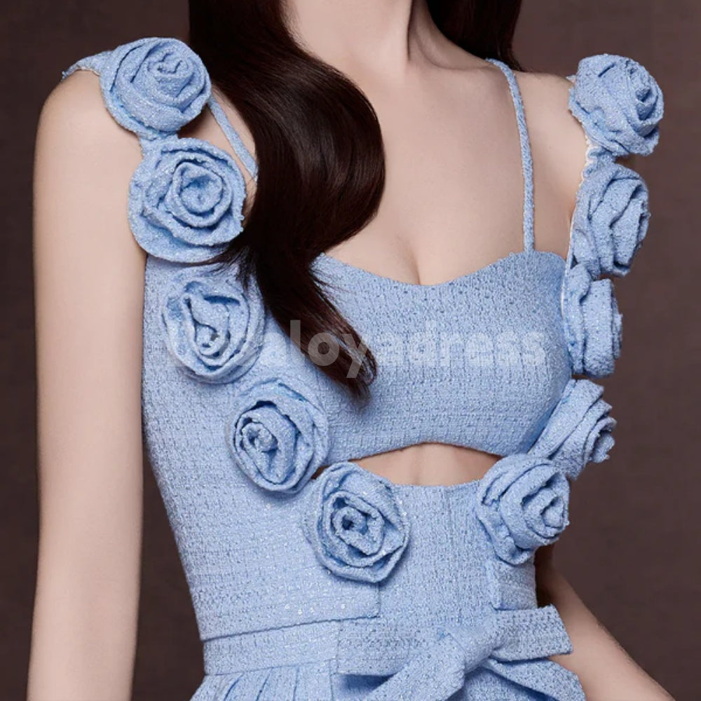 BSD00068 Pastel Blue Scoop Neck 3D flowers and Bow Mini Dress