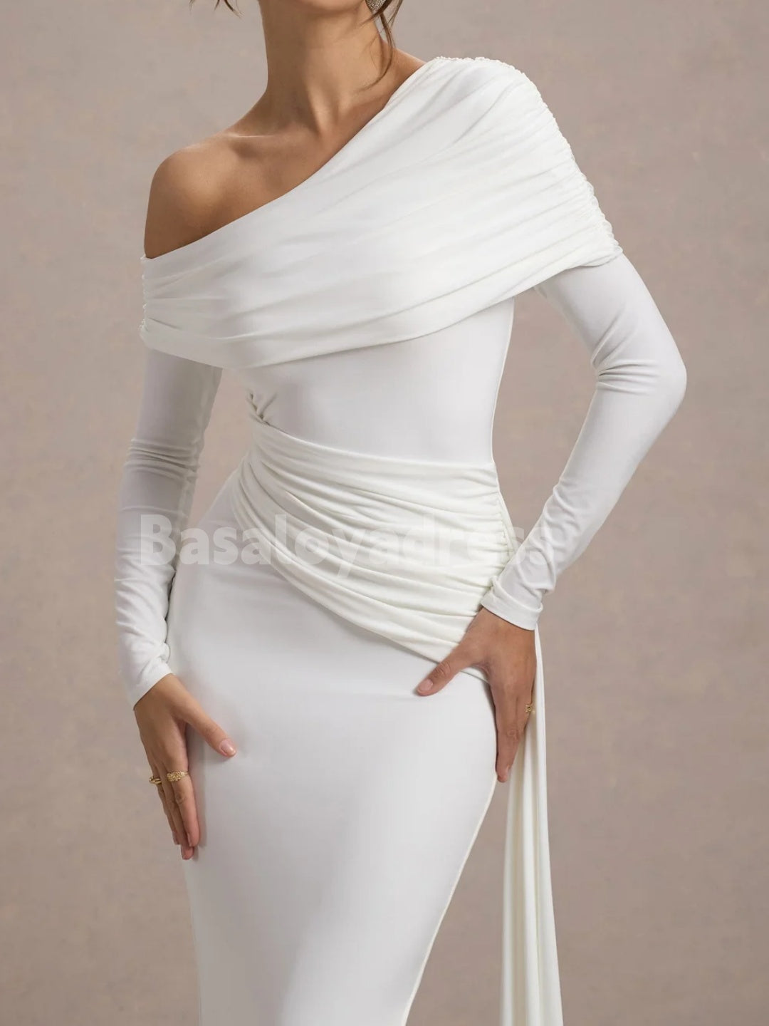 BWD00042 Light Beige One Shoulder Asymmetric Ruched Wrap Drape Maxi Dress
