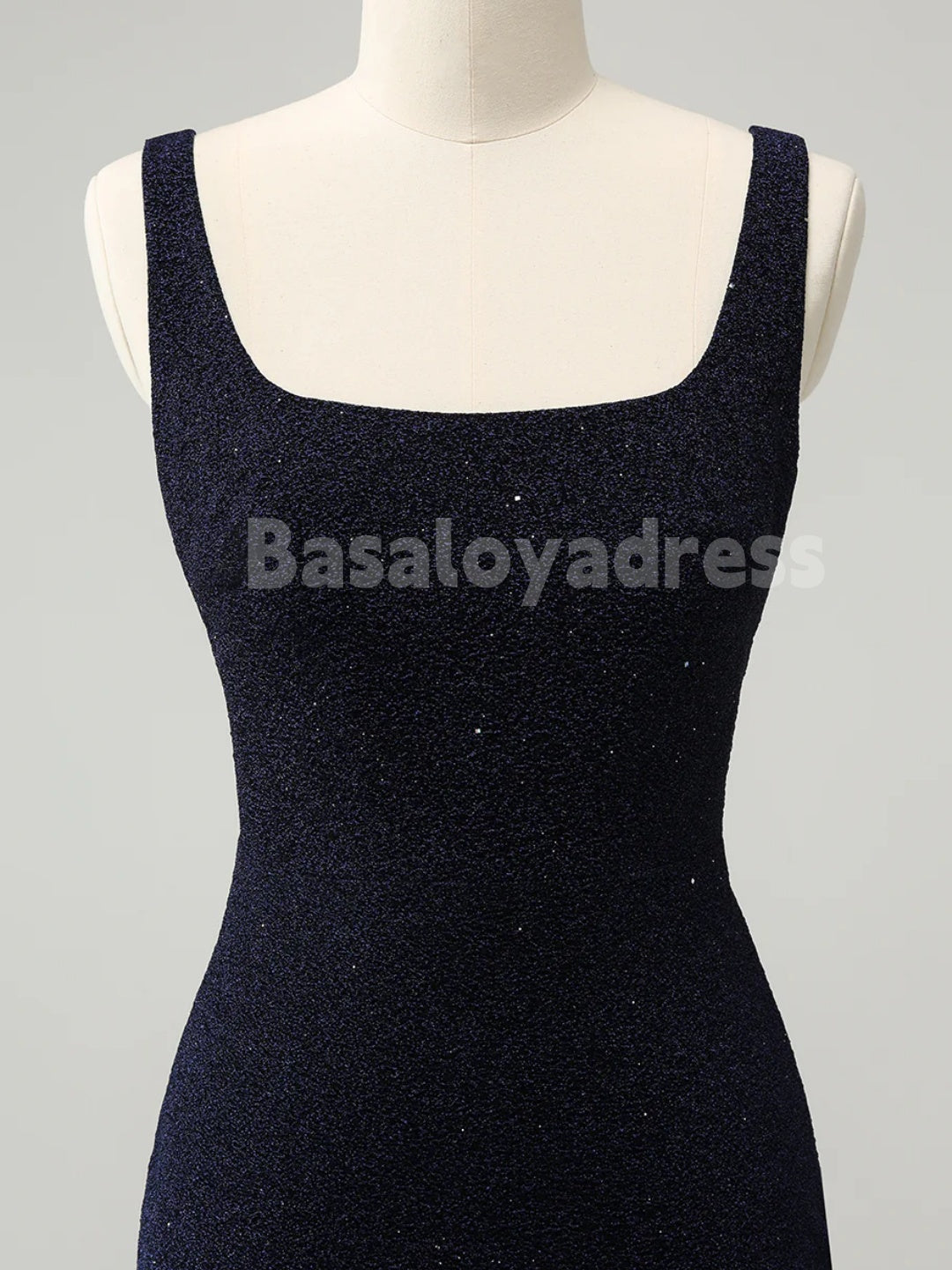 BSD00062 Sparkly Dark Blue Homecoming Dress Square Neck Bodycon Mini Dress With Slit