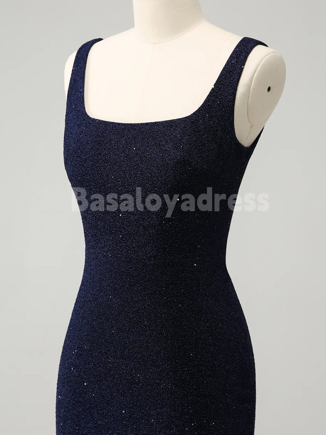 BSD00062 Sparkly Dark Blue Homecoming Dress Square Neck Bodycon Mini Dress With Slit