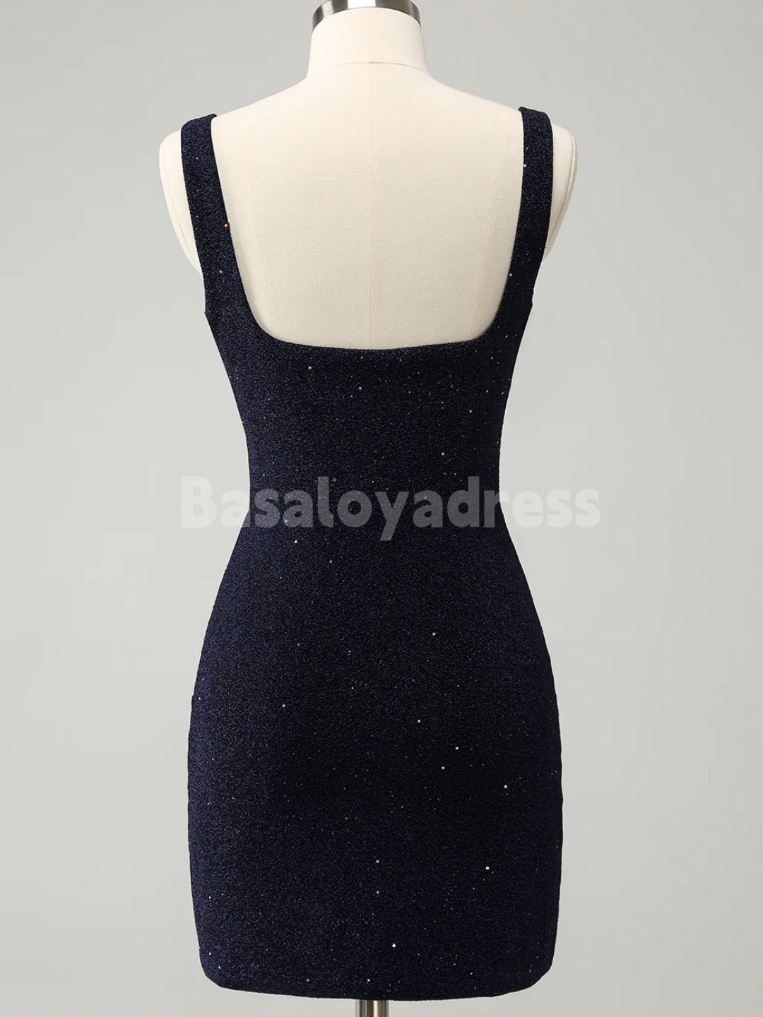 BSD00062 Sparkly Dark Blue Homecoming Dress Square Neck Bodycon Mini Dress With Slit