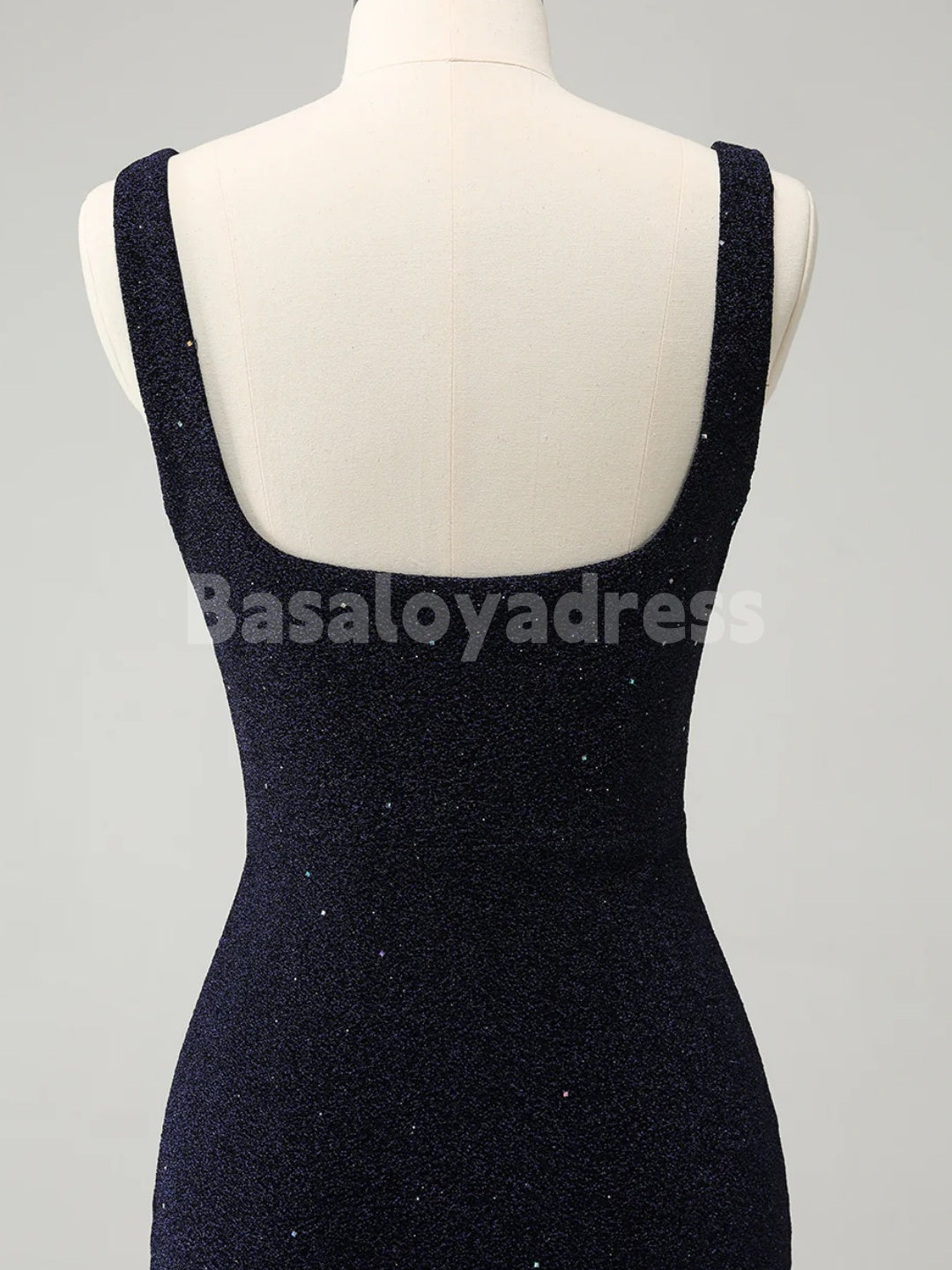 BSD00062 Sparkly Dark Blue Homecoming Dress Square Neck Bodycon Mini Dress With Slit