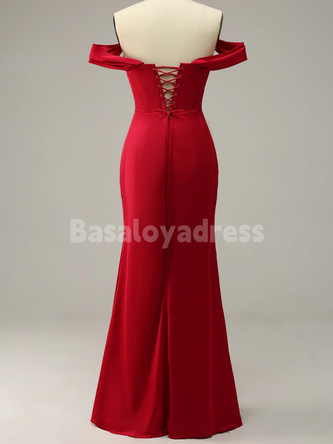 BDES00081 Mermaid Off the Shoulder Red Floor-length Prom Dress with pleats and Split Front
